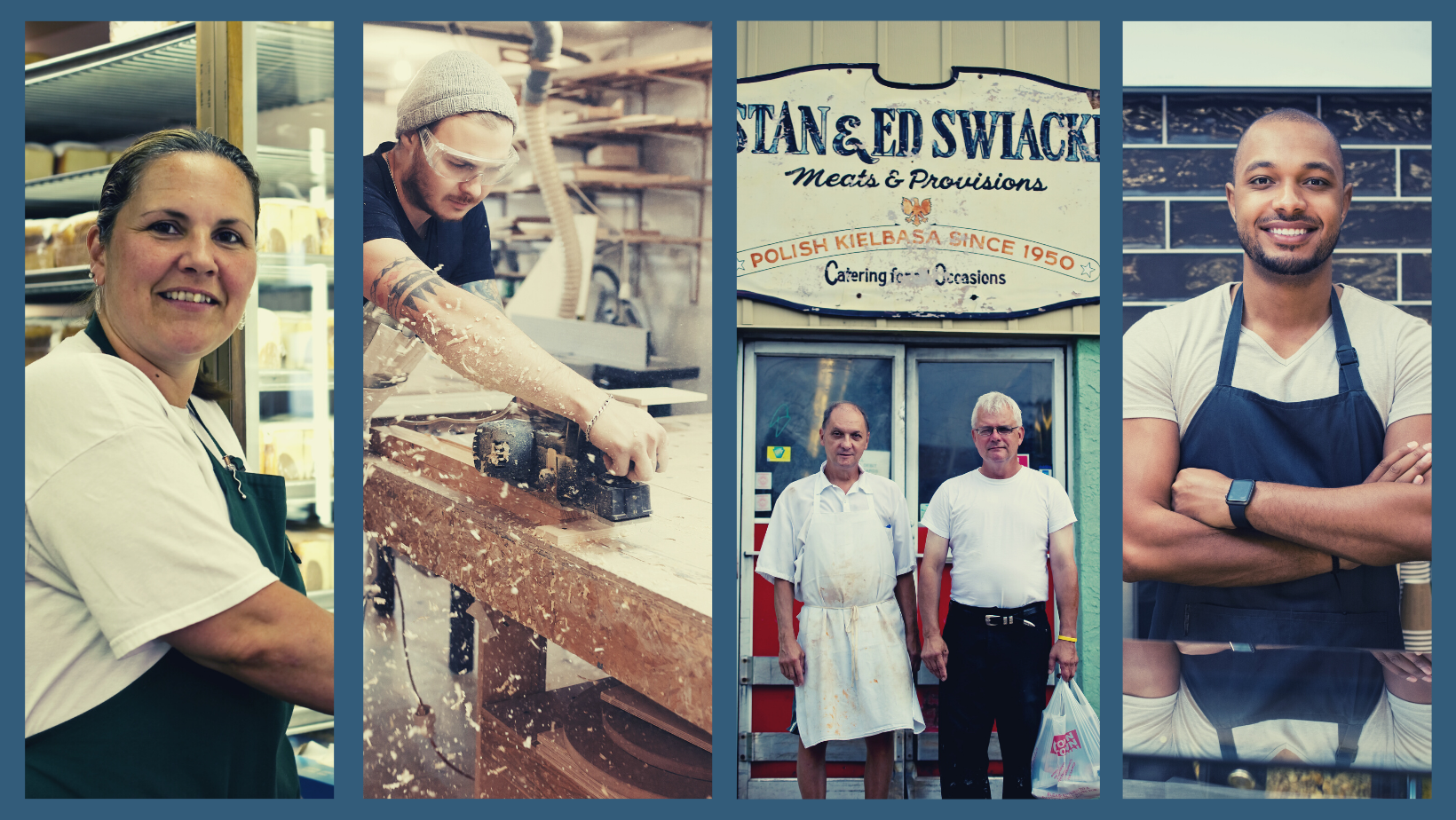 A collage of proud small business owners, including Stocks Bakery, a carpenter, Swiacki's Meats, and a barista. 